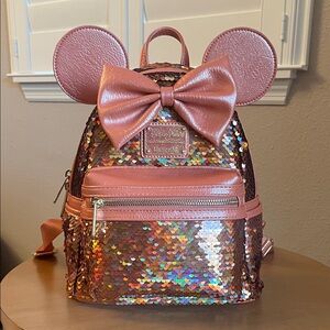 Loungefly Disney Parks Copper Sequin Backpack with Ears and Bow